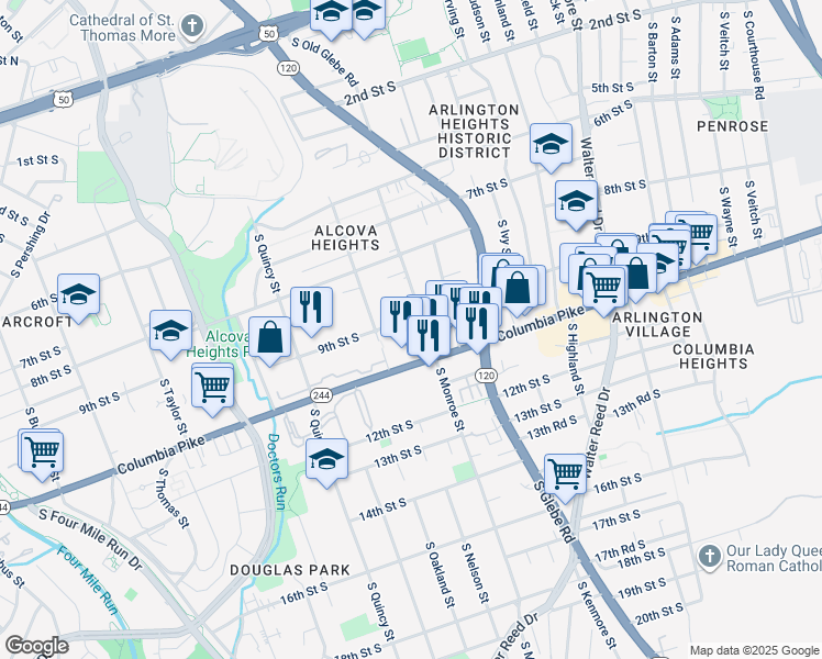 map of restaurants, bars, coffee shops, grocery stores, and more near 3608 9th Street South in Arlington