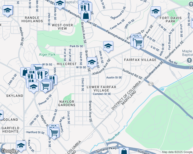 map of restaurants, bars, coffee shops, grocery stores, and more near 2325 34th Street Southeast in Washington