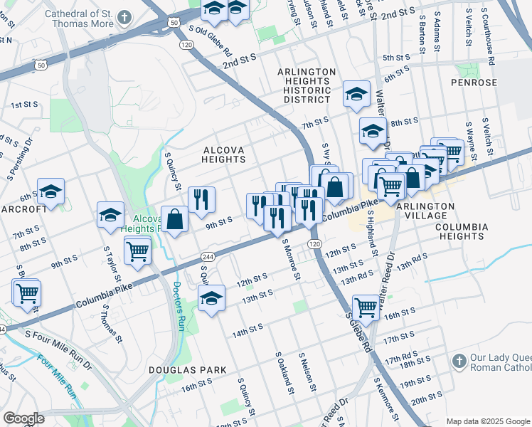map of restaurants, bars, coffee shops, grocery stores, and more near 3608 9th Street South in Arlington