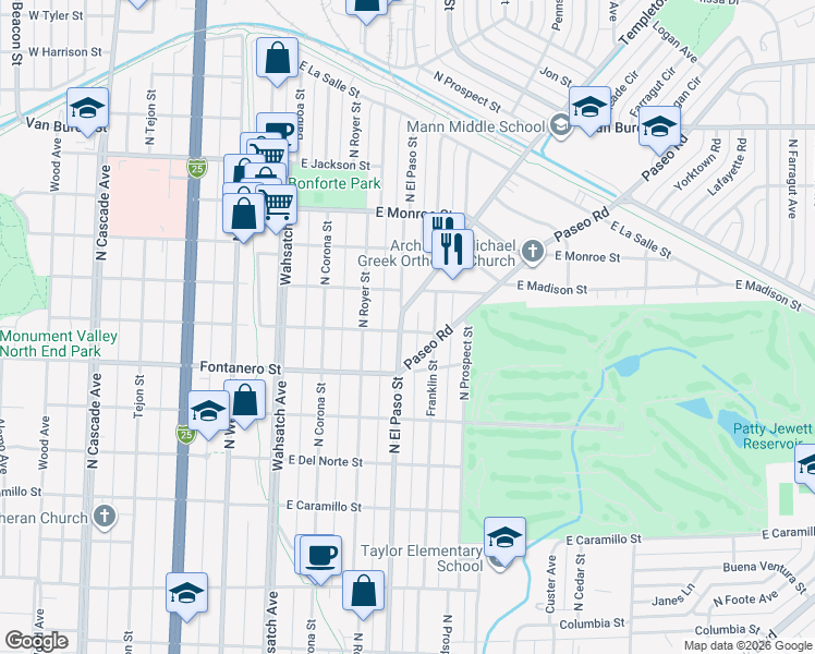 map of restaurants, bars, coffee shops, grocery stores, and more near 2012 North Franklin Street in Colorado Springs