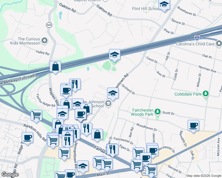 map of restaurants, bars, coffee shops, grocery stores, and more near 11100 Cavalier Court in Fairfax