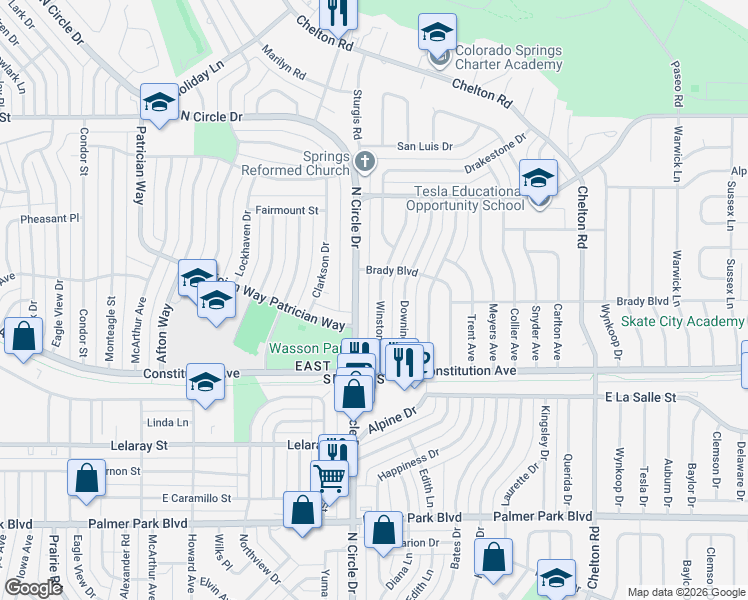 map of restaurants, bars, coffee shops, grocery stores, and more near 2024 Winston Road in Colorado Springs