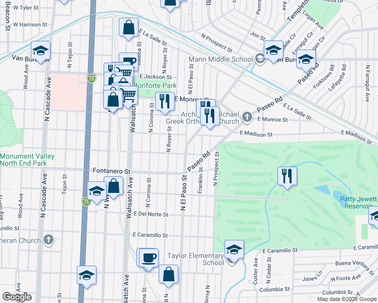 map of restaurants, bars, coffee shops, grocery stores, and more near 2012 North Franklin Street in Colorado Springs