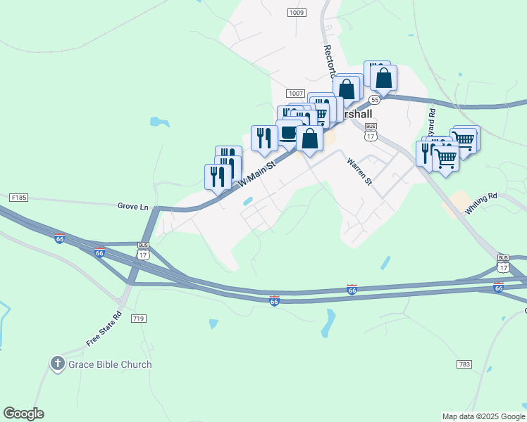 map of restaurants, bars, coffee shops, grocery stores, and more near 7059 Osborn Court in Marshall