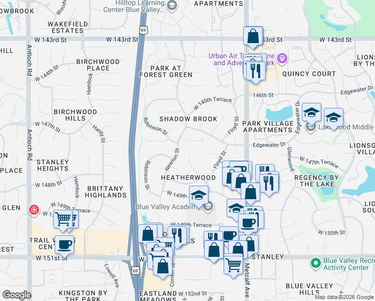 map of restaurants, bars, coffee shops, grocery stores, and more near 7501 West 147th Terrace in Overland Park