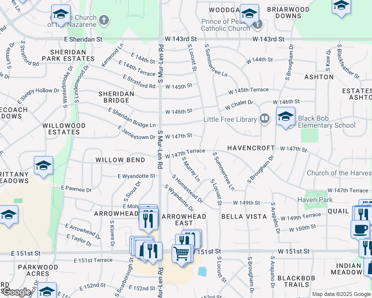 map of restaurants, bars, coffee shops, grocery stores, and more near 14703 South Murray Lane in Olathe