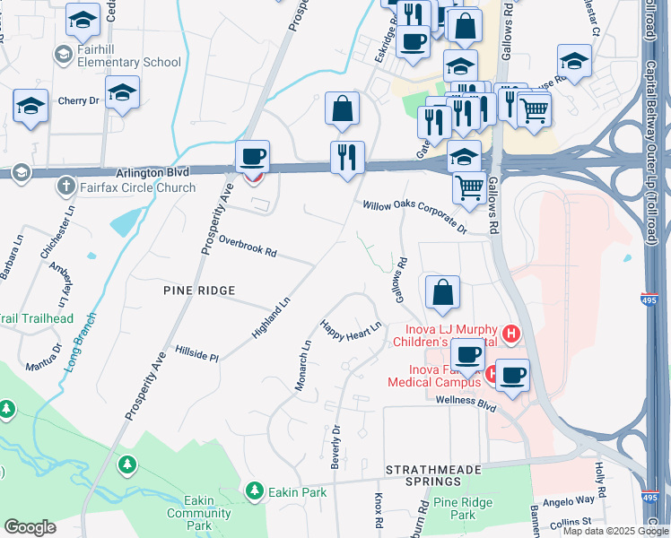 map of restaurants, bars, coffee shops, grocery stores, and more near 3139 Highland Lane in Fairfax