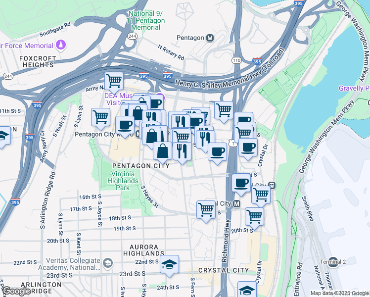 map of restaurants, bars, coffee shops, grocery stores, and more near 1221 South Fern Street in Arlington