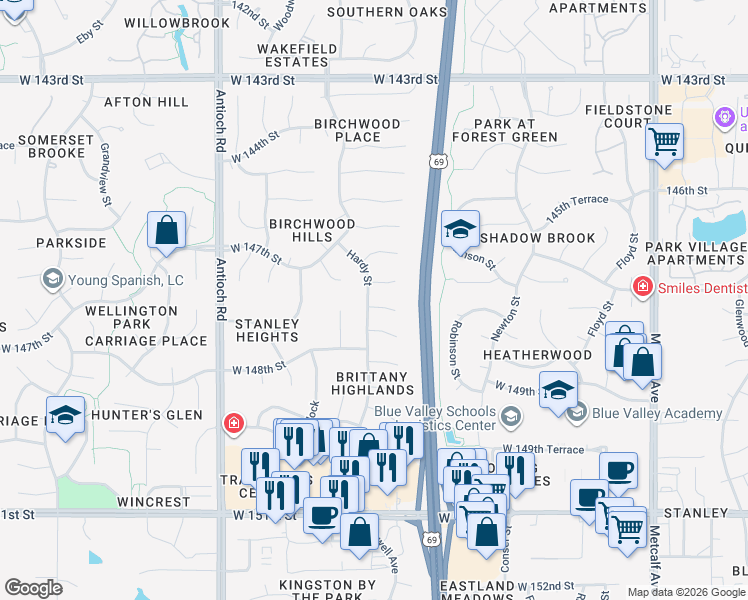 map of restaurants, bars, coffee shops, grocery stores, and more near 8023 West 146th Terrace in Overland Park
