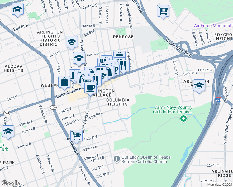 map of restaurants, bars, coffee shops, grocery stores, and more near 1201 South Barton Street in Arlington