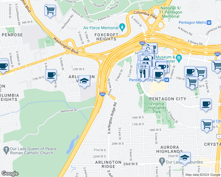 map of restaurants, bars, coffee shops, grocery stores, and more near 1881 South Nash Street in Arlington