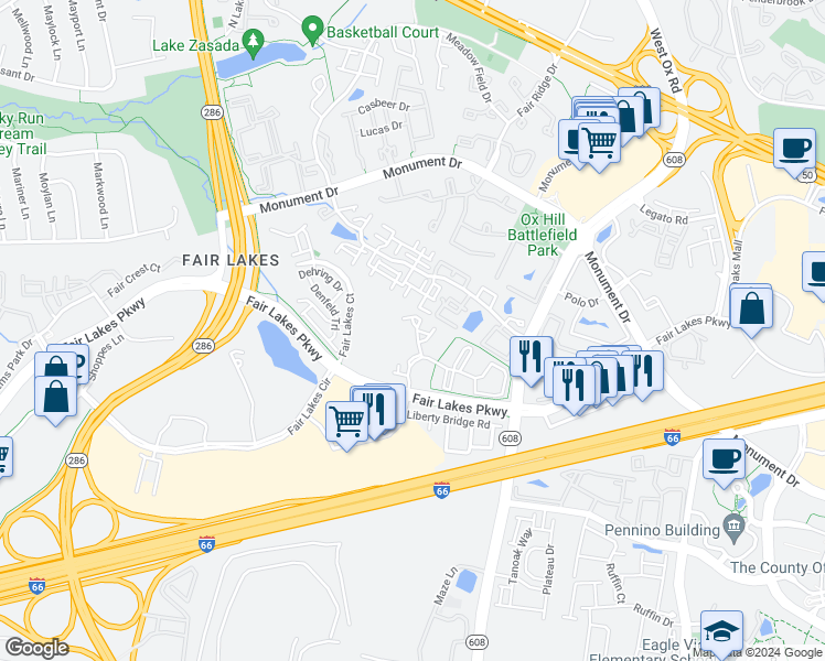 map of restaurants, bars, coffee shops, grocery stores, and more near 4410 Oak Creek Court in Fairfax