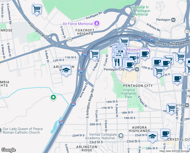 map of restaurants, bars, coffee shops, grocery stores, and more near 1300 South Arlington Ridge Road in Arlington