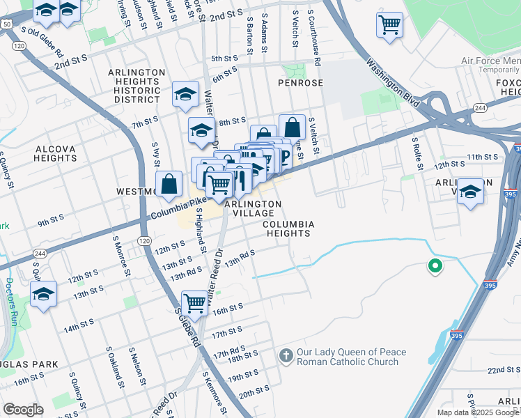 map of restaurants, bars, coffee shops, grocery stores, and more near 1100 South Cleveland Street in Arlington