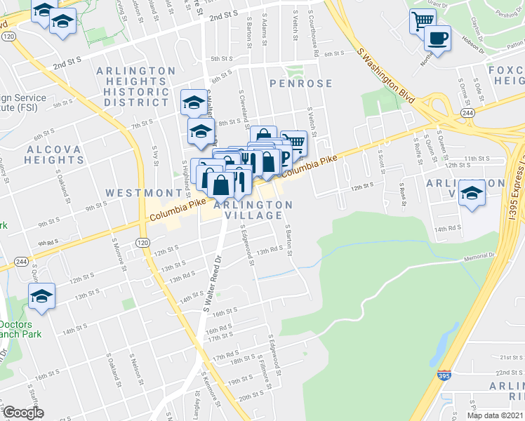 map of restaurants, bars, coffee shops, grocery stores, and more near 1100 South Cleveland Street in Arlington