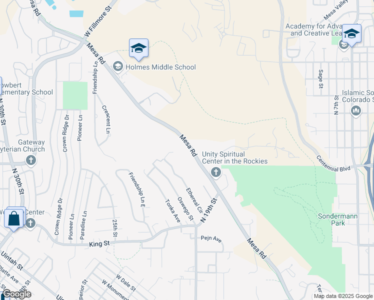 map of restaurants, bars, coffee shops, grocery stores, and more near 2080 Mesa Road in Colorado Springs