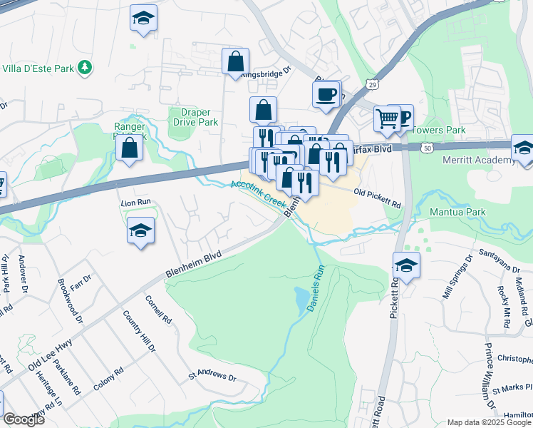 map of restaurants, bars, coffee shops, grocery stores, and more near 9610 Ridge Avenue in Fairfax
