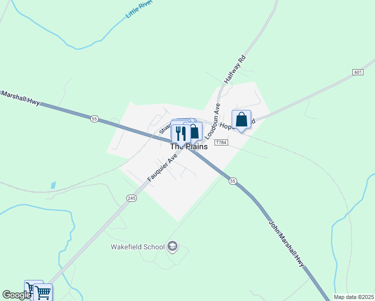 map of restaurants, bars, coffee shops, grocery stores, and more near 6479 Main Street in The Plains