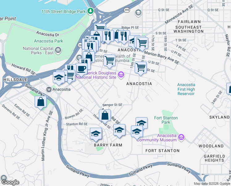 map of restaurants, bars, coffee shops, grocery stores, and more near 1425 Cedar Street Southeast in Washington