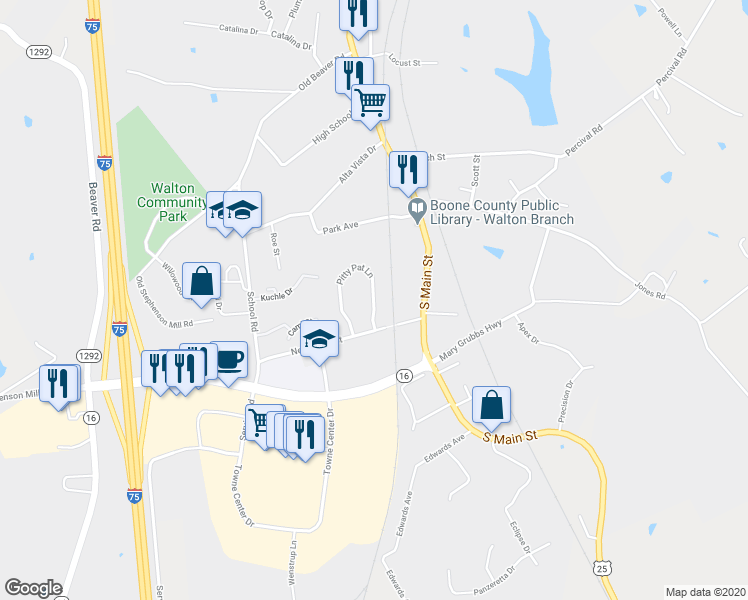 map of restaurants, bars, coffee shops, grocery stores, and more near 117 Pitty Pat Lane in Walton