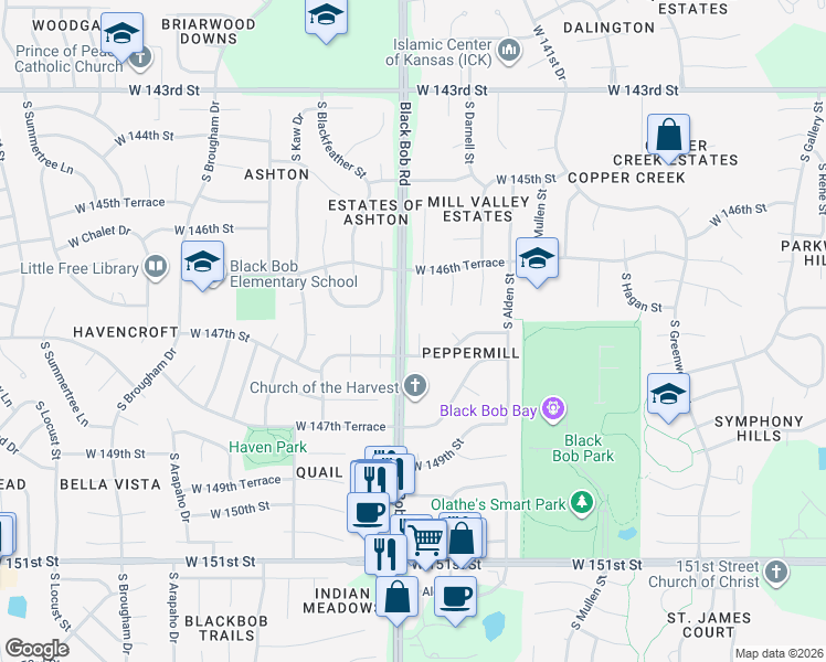 map of restaurants, bars, coffee shops, grocery stores, and more near 14644 South Peppermill Court in Olathe