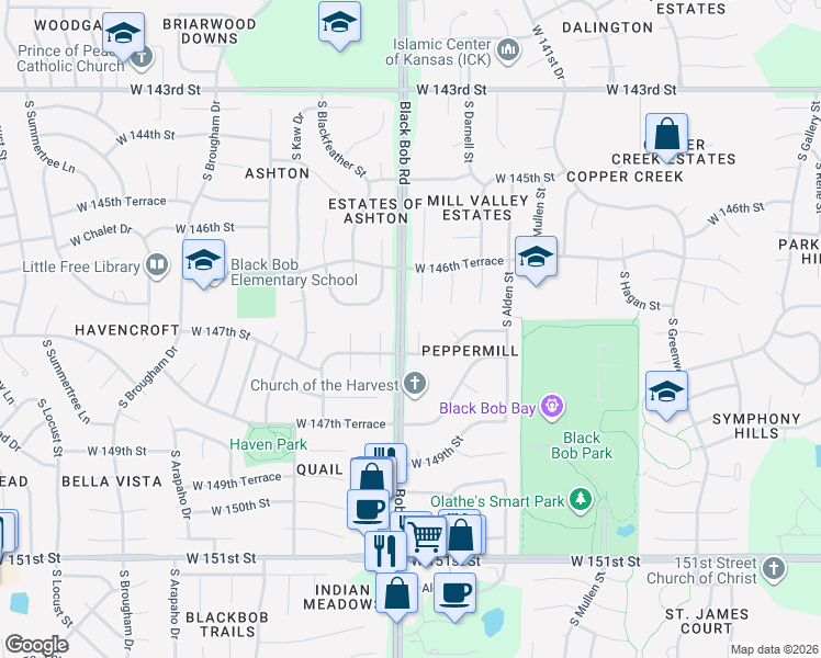 map of restaurants, bars, coffee shops, grocery stores, and more near 14644 South Peppermill Court in Olathe