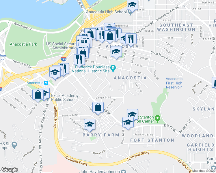 map of restaurants, bars, coffee shops, grocery stores, and more near 1425 Cedar Street Southeast in Washington