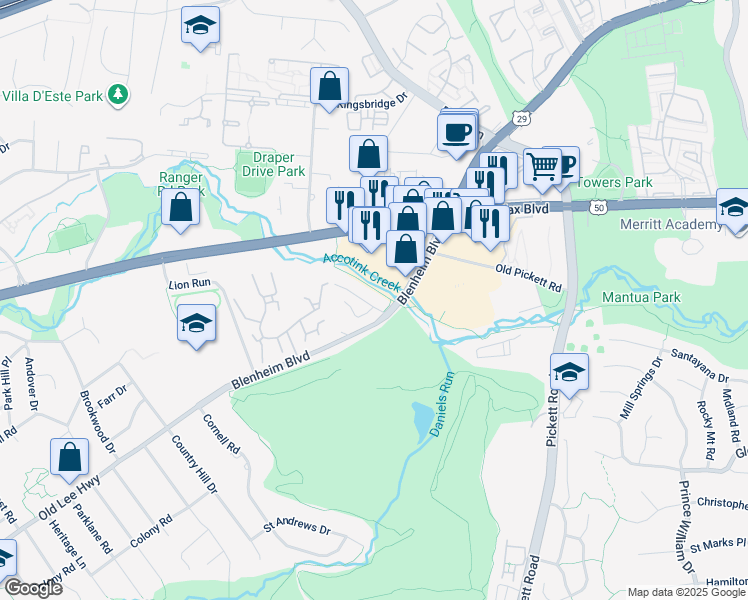 map of restaurants, bars, coffee shops, grocery stores, and more near 9610 Ridge Avenue in Fairfax