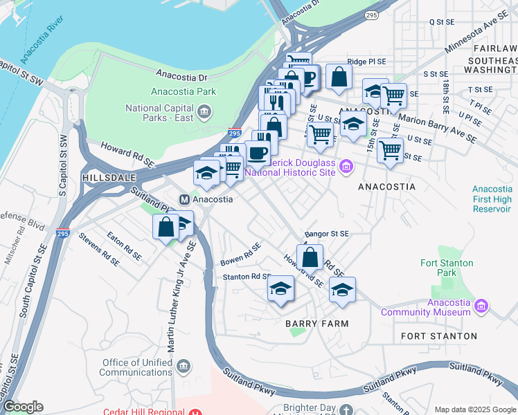 map of restaurants, bars, coffee shops, grocery stores, and more near 1260 Talbert Street Southeast in Washington