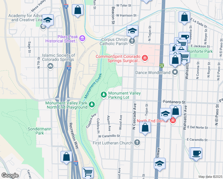 map of restaurants, bars, coffee shops, grocery stores, and more near 1932 El Parque Street in Colorado Springs