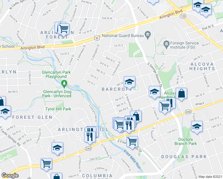 map of restaurants, bars, coffee shops, grocery stores, and more near 4710 6th Street South in Arlington