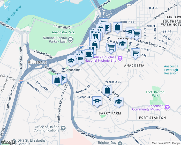 map of restaurants, bars, coffee shops, grocery stores, and more near 1262 Talbert Street Southeast in Washington