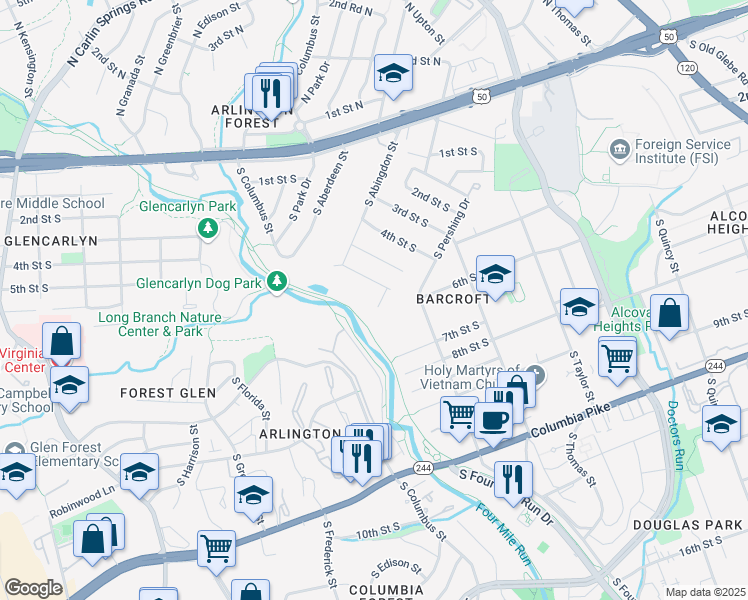 map of restaurants, bars, coffee shops, grocery stores, and more near 610 South Woodstock Street in Arlington