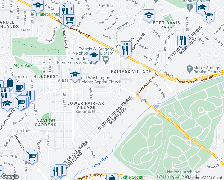 map of restaurants, bars, coffee shops, grocery stores, and more near 3723 Bangor Street Southeast in Washington