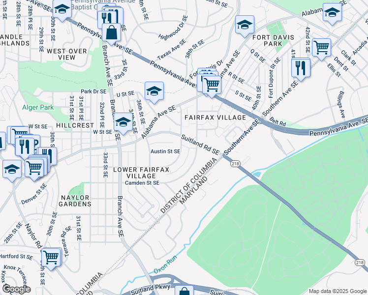 map of restaurants, bars, coffee shops, grocery stores, and more near 3723 Bangor Street Southeast in Washington