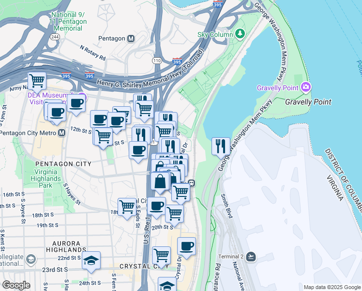 map of restaurants, bars, coffee shops, grocery stores, and more near 1300 Crystal Drive in Arlington