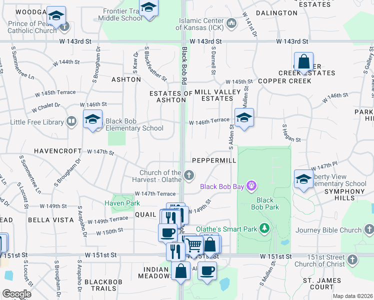 map of restaurants, bars, coffee shops, grocery stores, and more near 14644 South Peppermill Court in Olathe