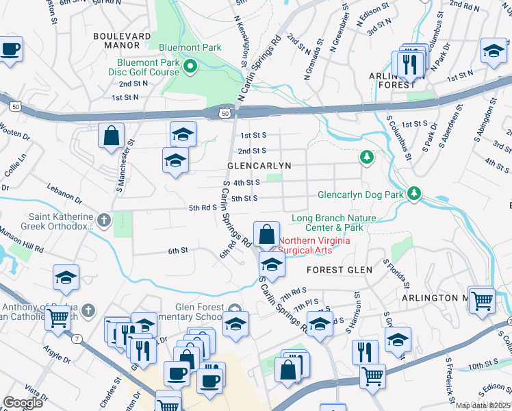 map of restaurants, bars, coffee shops, grocery stores, and more near 507 South Lexington Street in Arlington