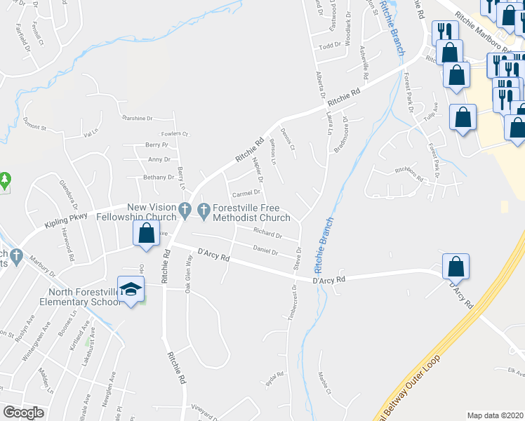 map of restaurants, bars, coffee shops, grocery stores, and more near 8011 Steve Drive in District Heights