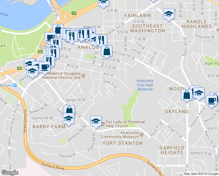 map of restaurants, bars, coffee shops, grocery stores, and more near 2318 Green Street Southeast in Washington