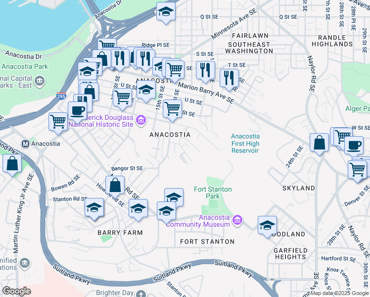 map of restaurants, bars, coffee shops, grocery stores, and more near 2318 Green Street Southeast in Washington