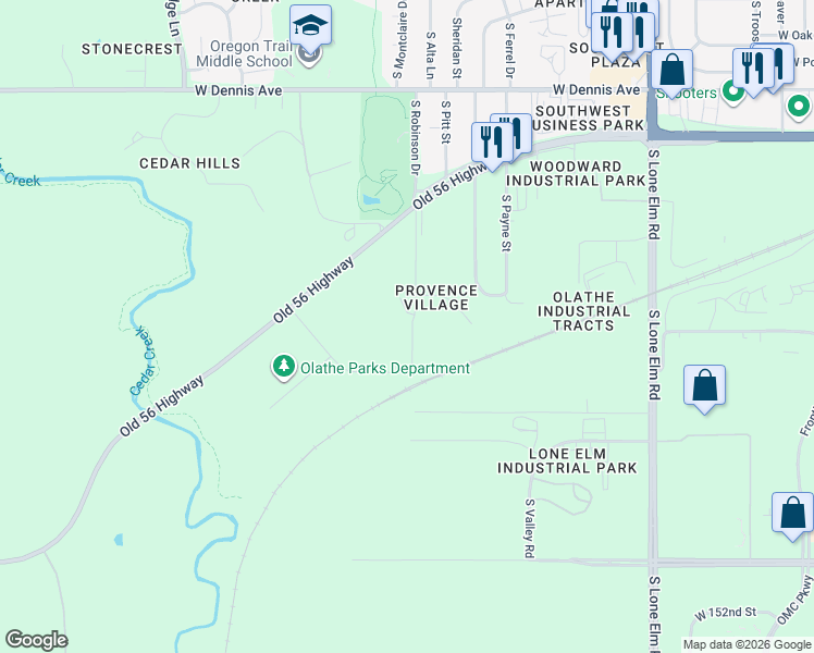 map of restaurants, bars, coffee shops, grocery stores, and more near 1385 South Robinson Drive in Olathe