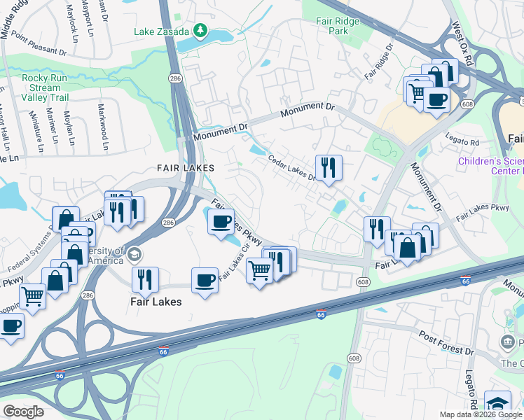 map of restaurants, bars, coffee shops, grocery stores, and more near 4401 Fair Lakes Court in Fairfax