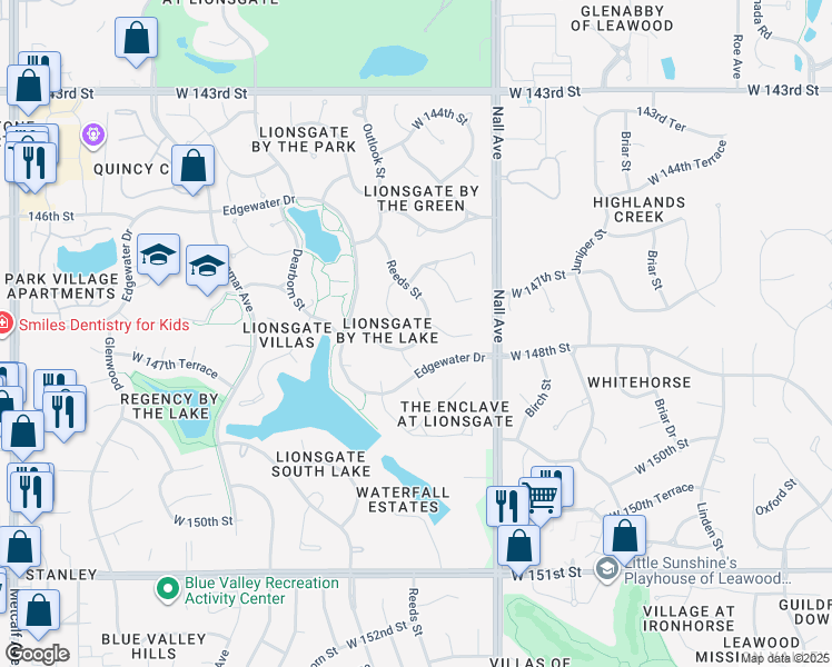 map of restaurants, bars, coffee shops, grocery stores, and more near 5704 West 147th Place in Overland Park