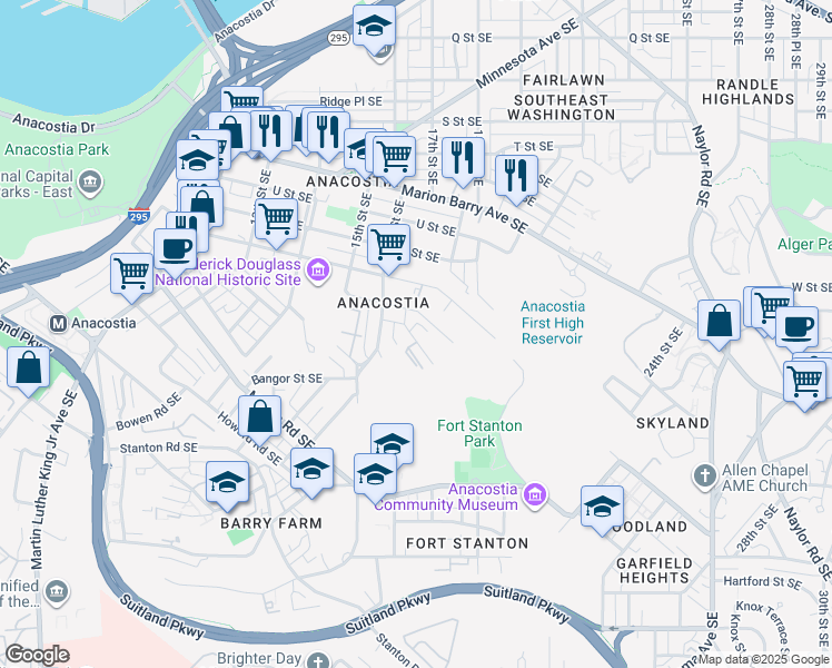 map of restaurants, bars, coffee shops, grocery stores, and more near 2316 Green Street Southeast in Washington
