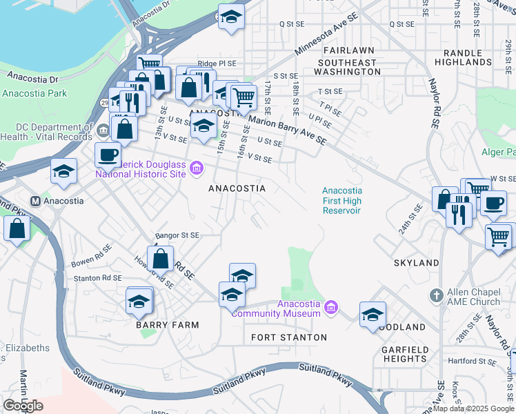 map of restaurants, bars, coffee shops, grocery stores, and more near 2316 Green Street Southeast in Washington