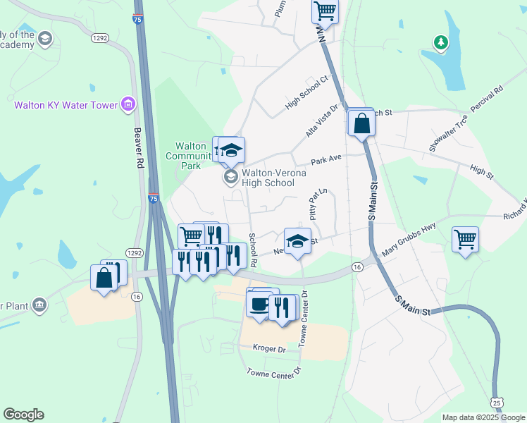 map of restaurants, bars, coffee shops, grocery stores, and more near 25 Kuchle Drive in Walton