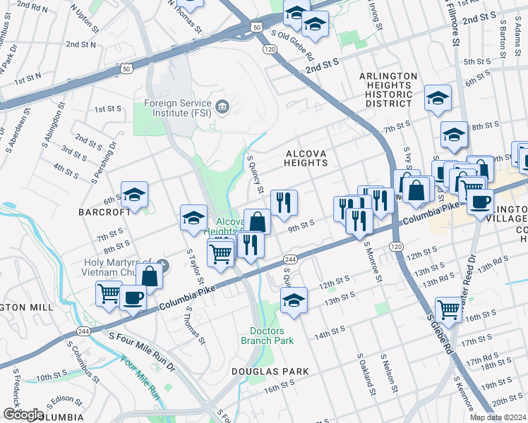 map of restaurants, bars, coffee shops, grocery stores, and more near 816 South Quincy Street in Arlington