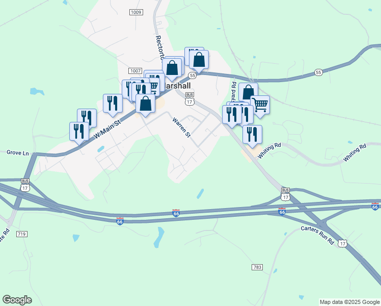 map of restaurants, bars, coffee shops, grocery stores, and more near 8570 Pellam Court in Marshall