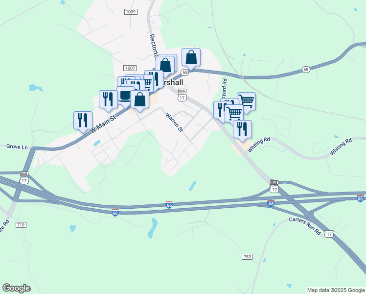 map of restaurants, bars, coffee shops, grocery stores, and more near 8570 Pellam Court in Marshall